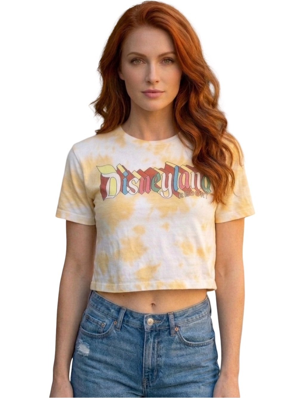 Disneyland Resort Crop Top Yellow Tie Dye retro rainbow Graphic Shirt Disney S